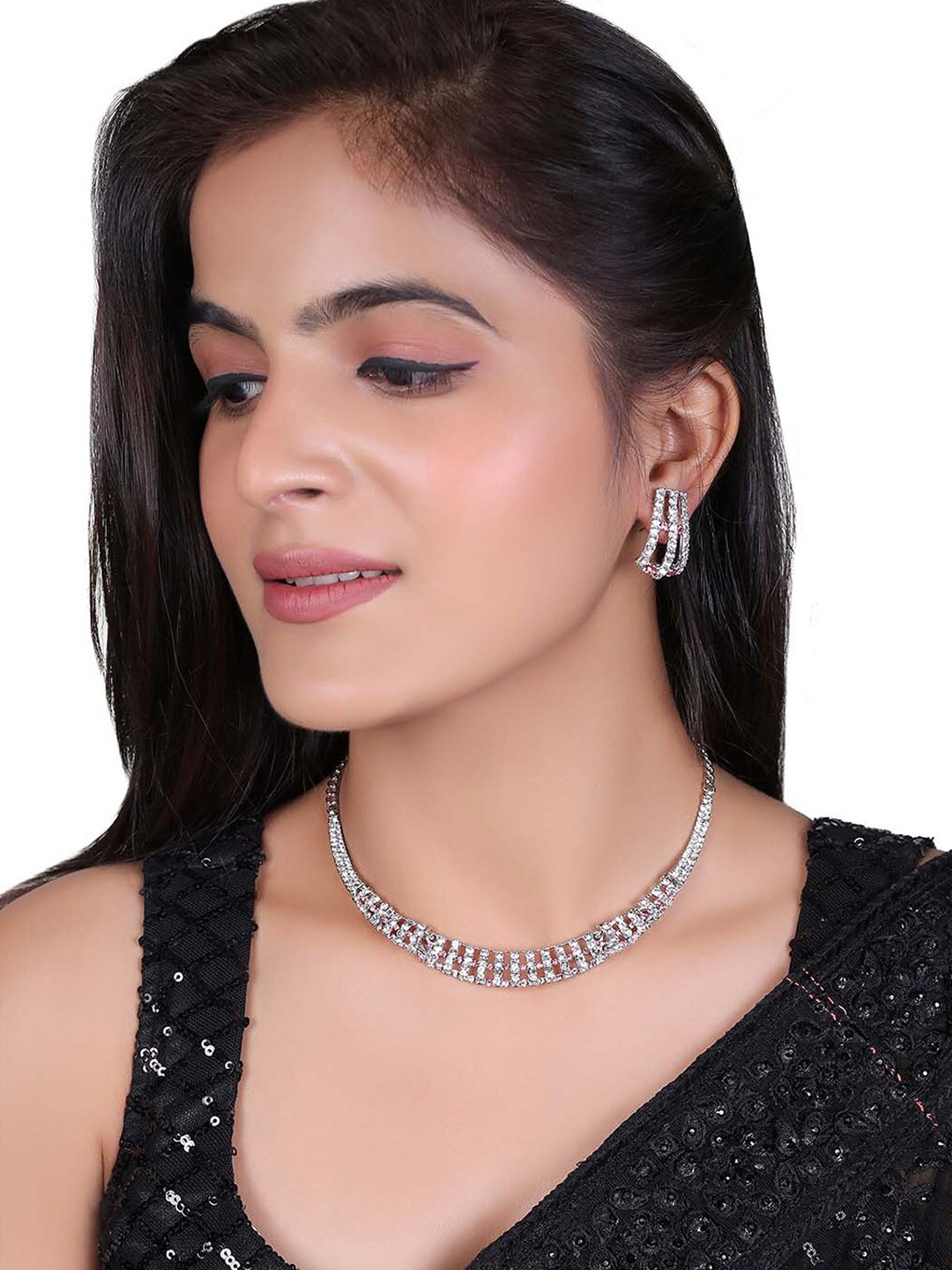 

MAD CLUB Rhodium Plated White AD- Studded Jewellery Set
