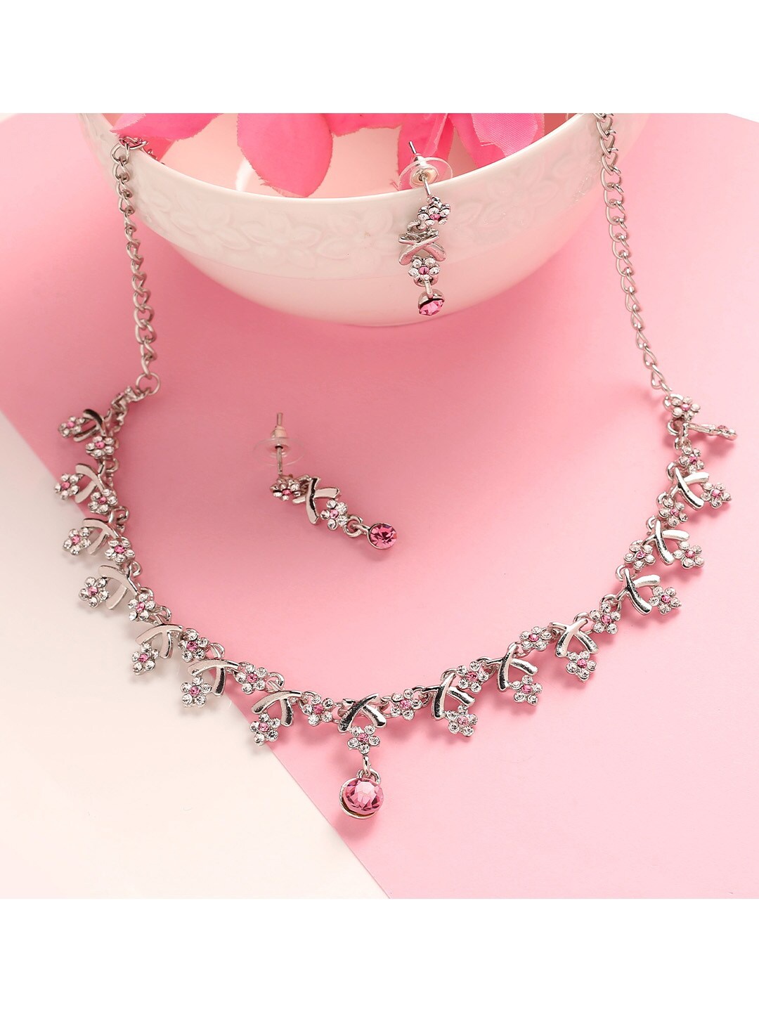

MAD CLUB Silver-Plated Pink & White AD Stone Studded Jewellery Set