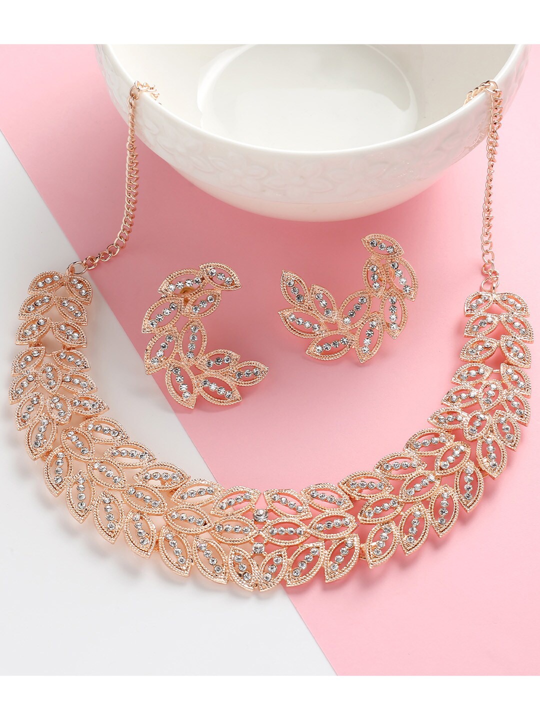 

MAD CLUB Rose Gold-Plated White AD Studded Jewellery Set
