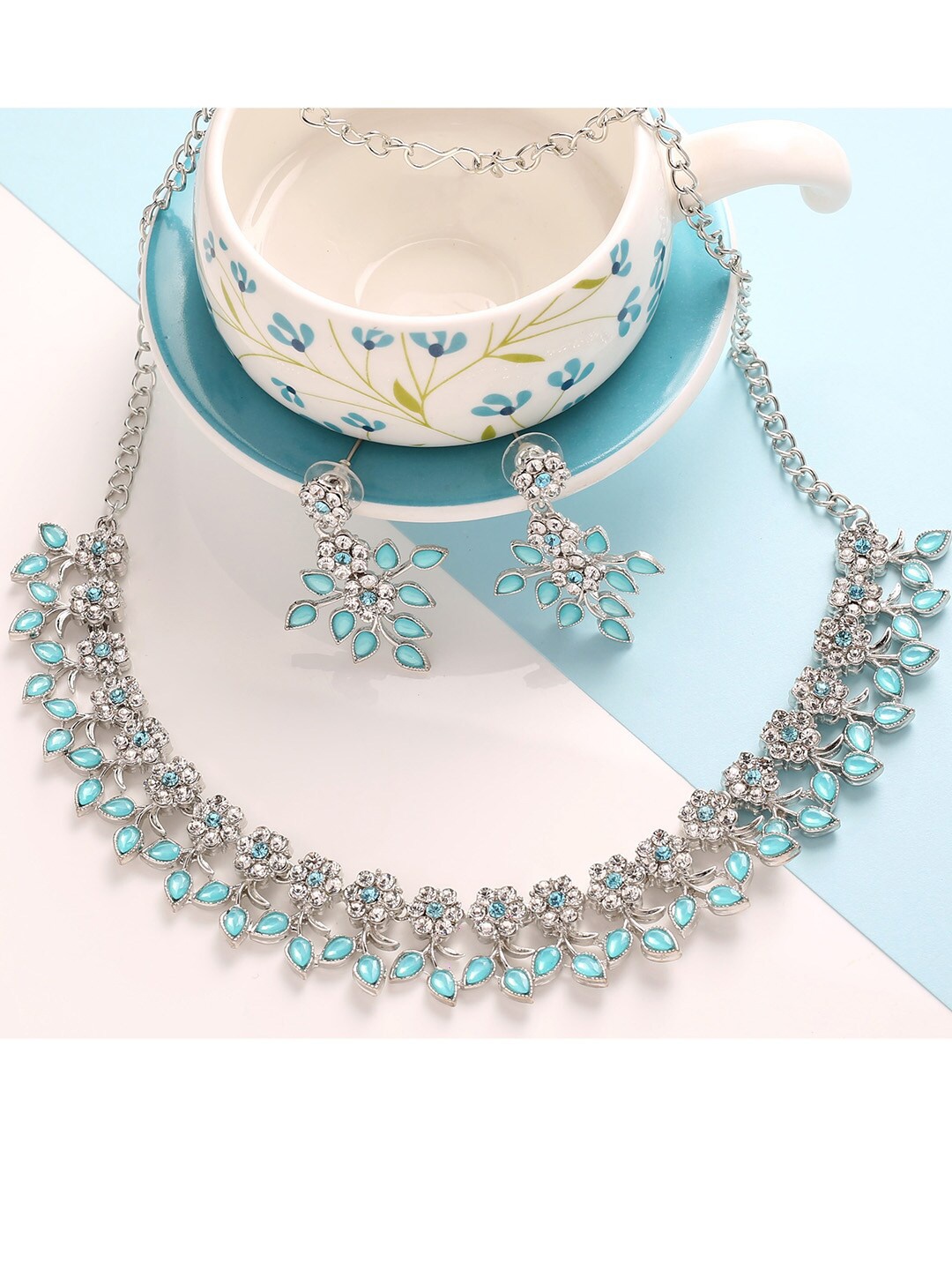 

MAD CLUB Silver-Plated White & Turquoise Blue AD- Studded Jewellery Set