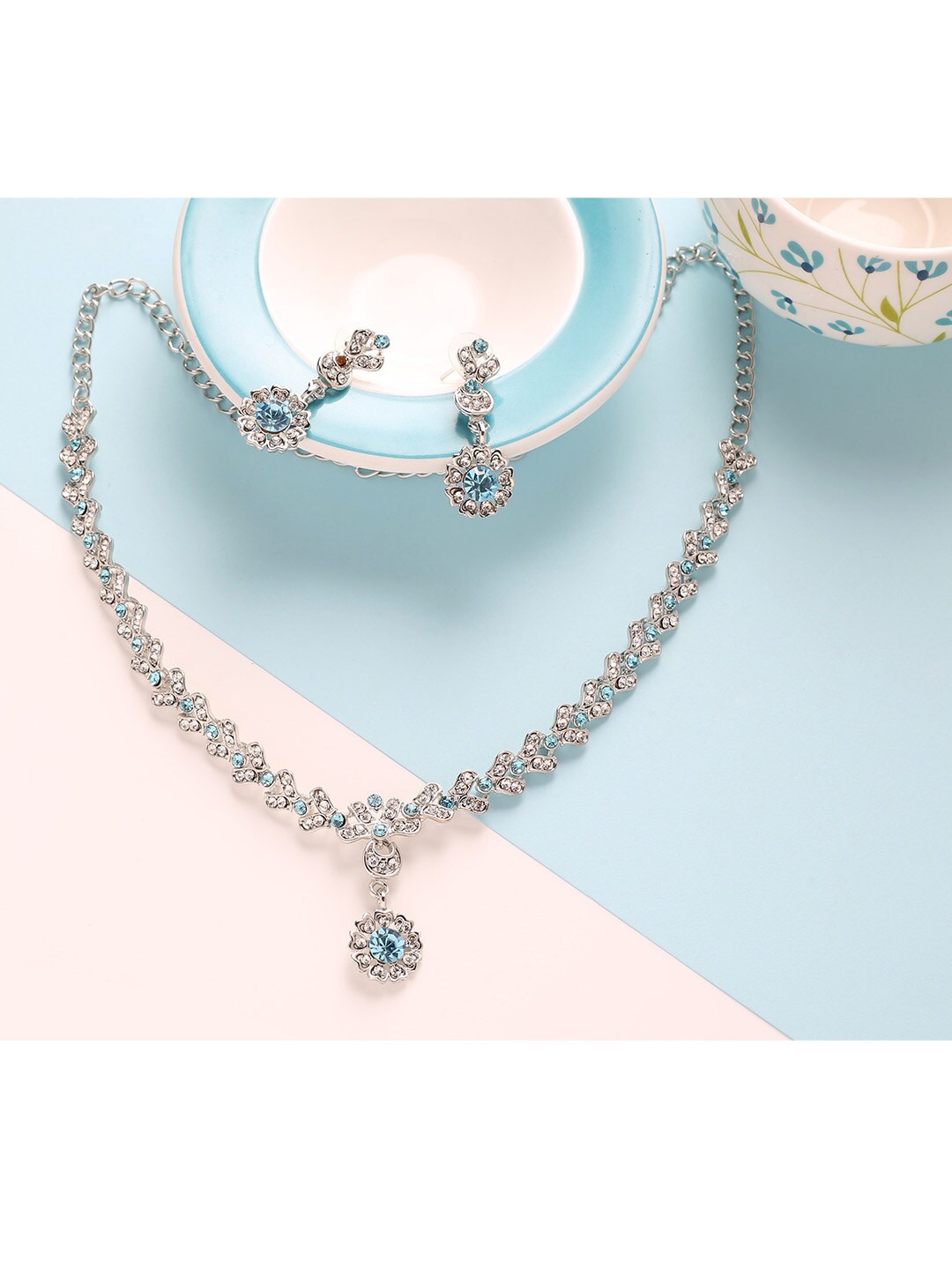 

MAD CLUB Silver-Plated Turquoise Blue & White AD Studded Jewellery Set