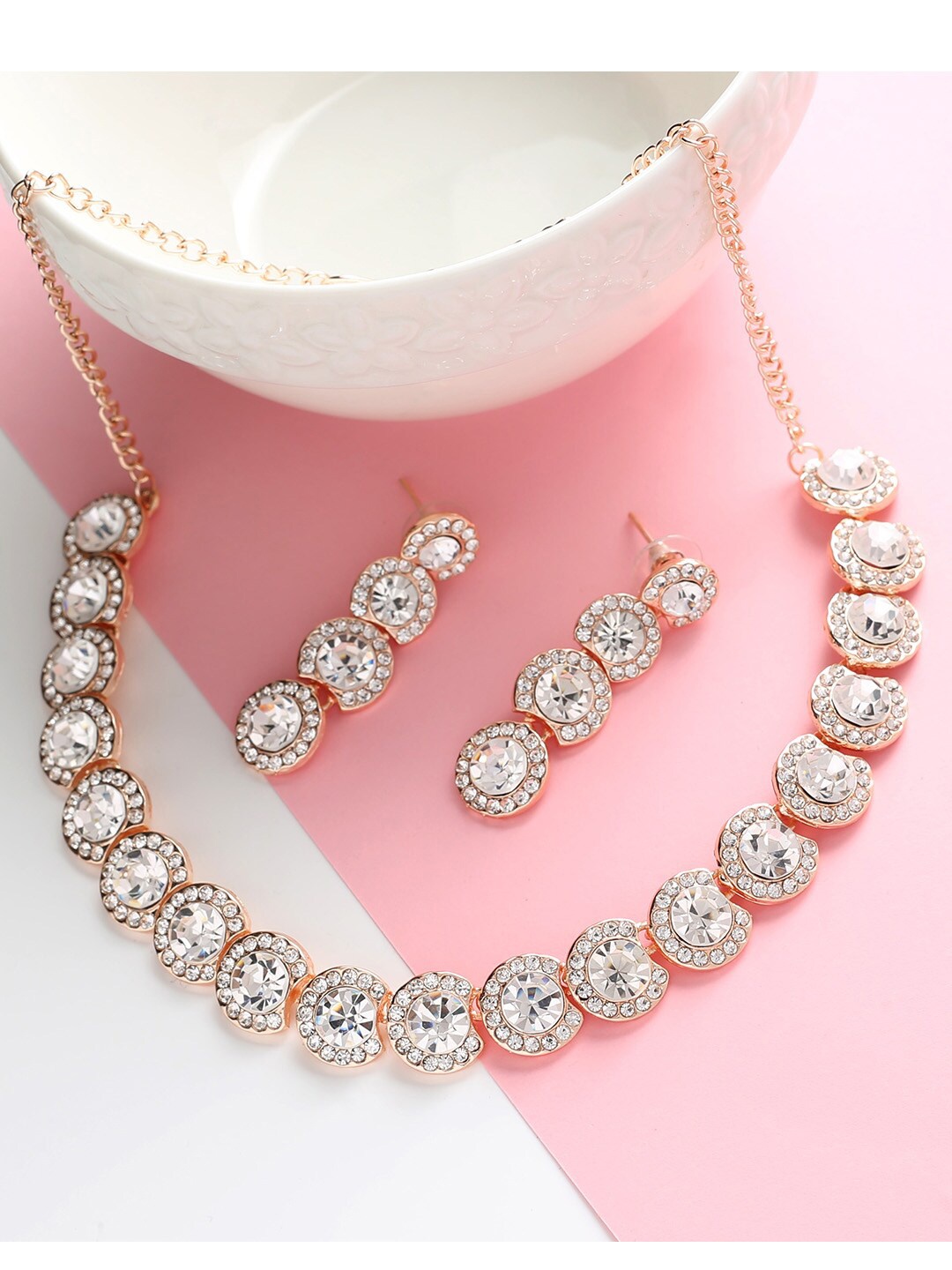 

MAD CLUB Rose Gold-Plated & White AD Studded Jewellery Set