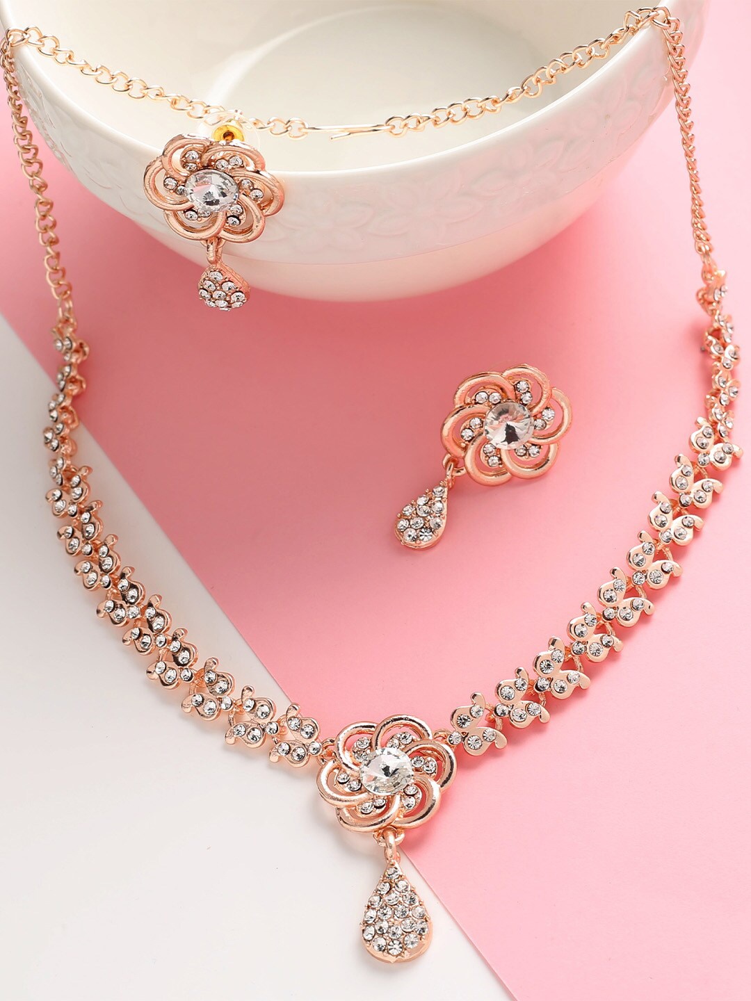 

MAD CLUB Women Rose Gold-Plated AD-studded Floral Design Jewellery Set