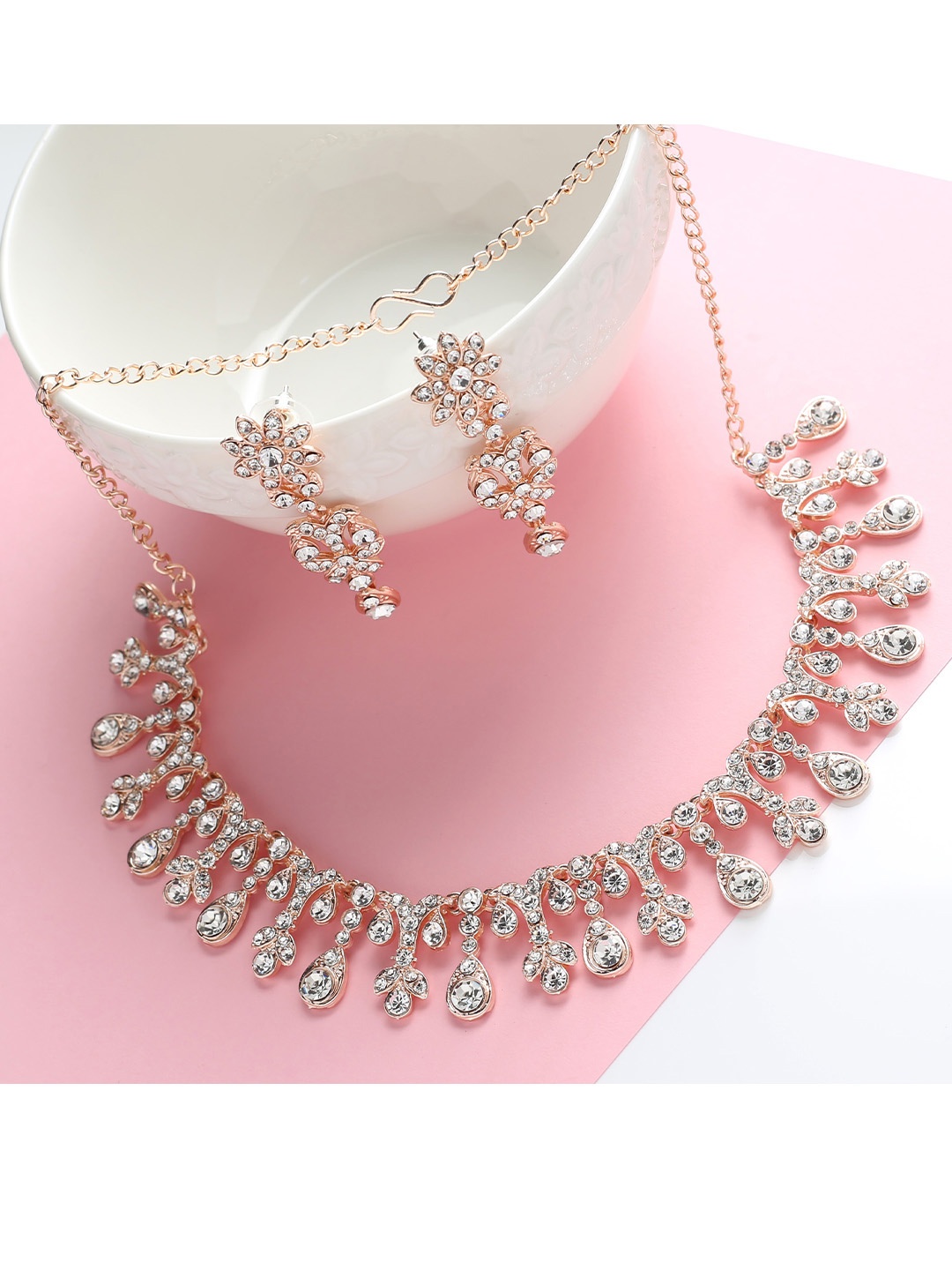 

MAD CLUB Rose Gold-Plated White AD Studded Jewellery Set