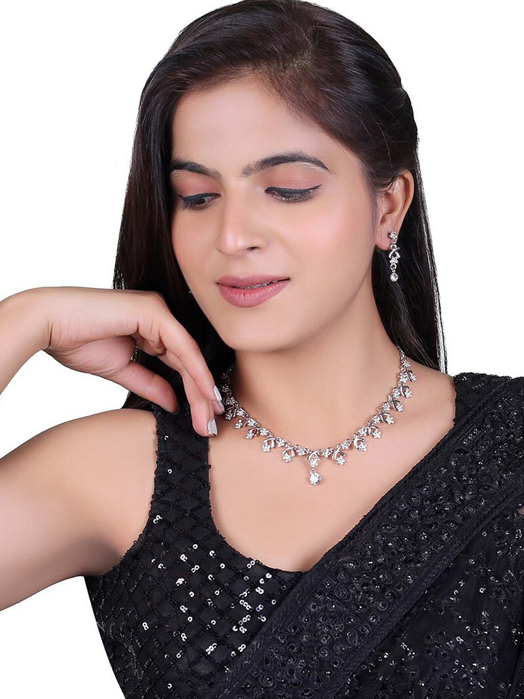 

MAD CLUB Rhodium-Plated White AD Studded Jewellery Set
