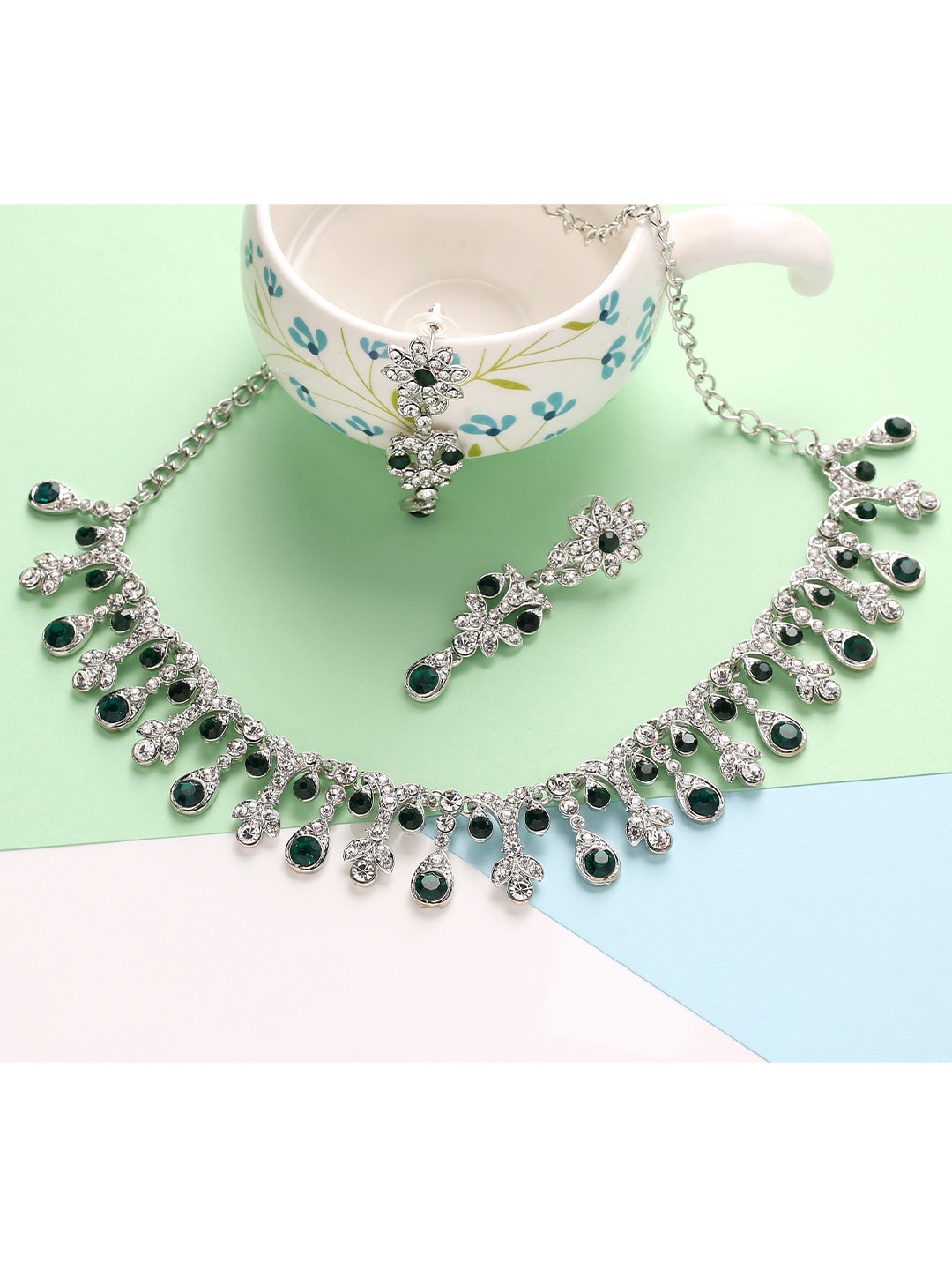 

MAD CLUB Silver-Plated Green & White AD Stone Studded Jewellery Set