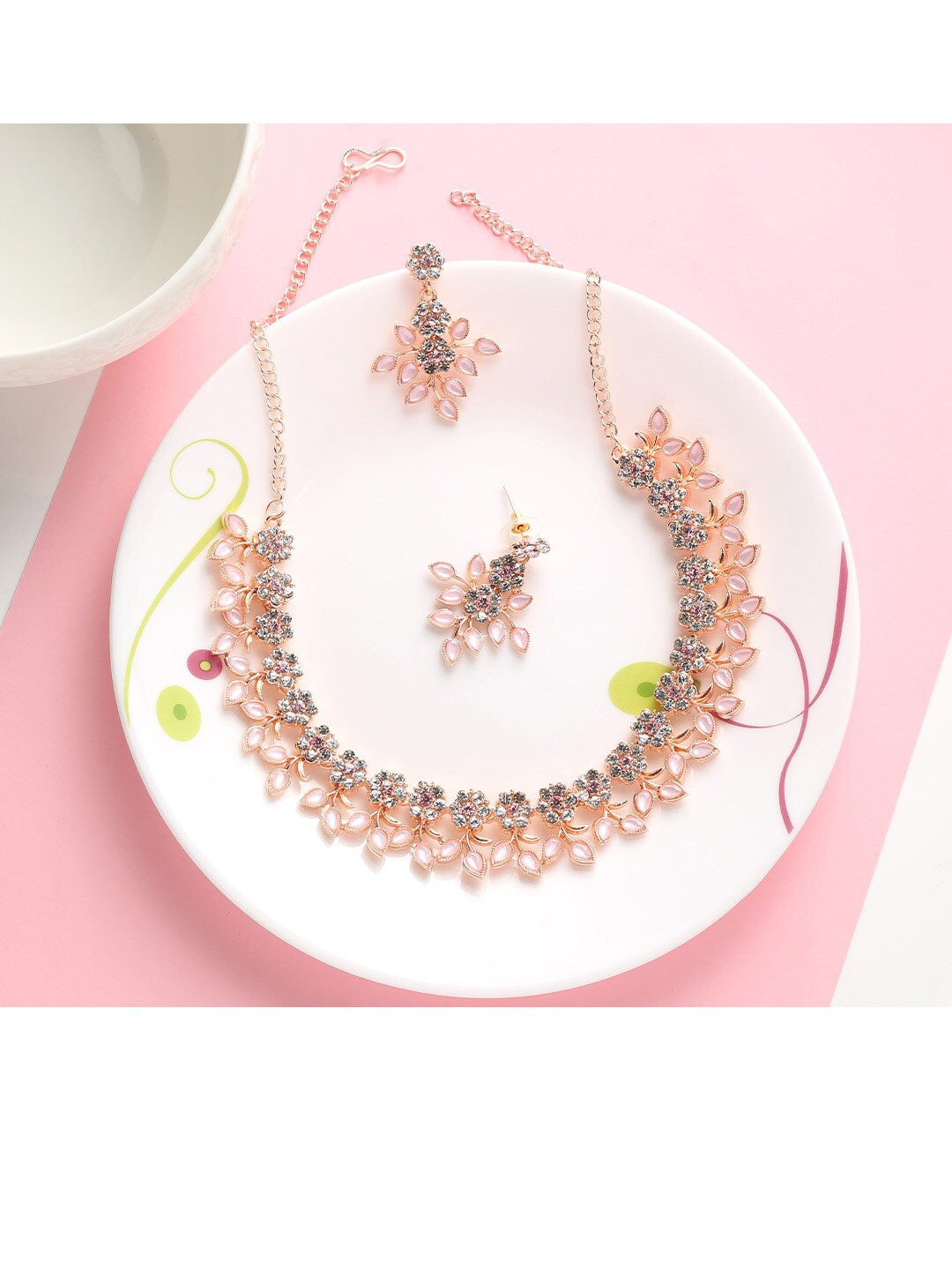 

MAD CLUB Women Rose Gold-Plated Pink AD-Studded & Beaded Jewellery Set