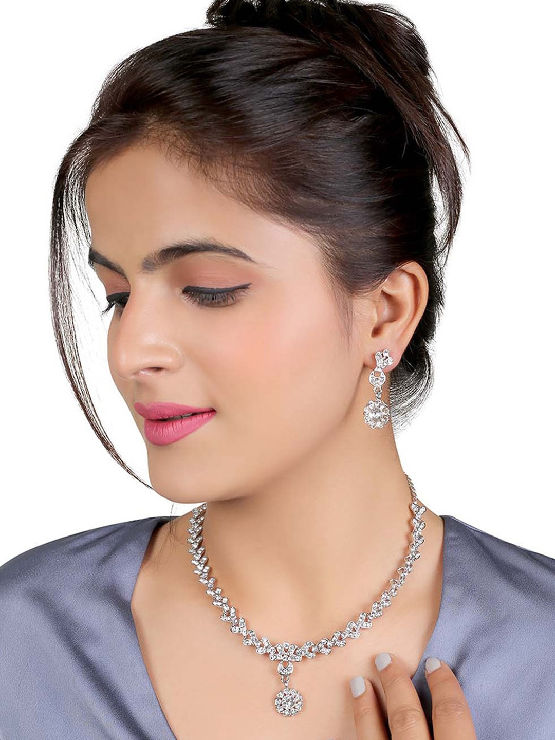 

MAD CLUB Rhodium-Plated White AD Studded Jewellery Set