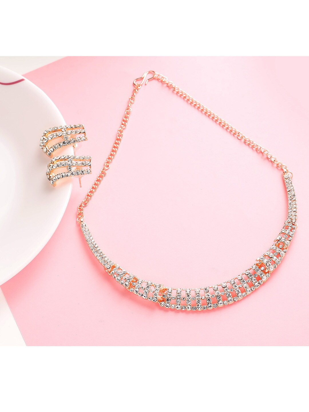 

MAD CLUB Rose Gold-Plated White AD-Studded & Beaded Jewellery Set
