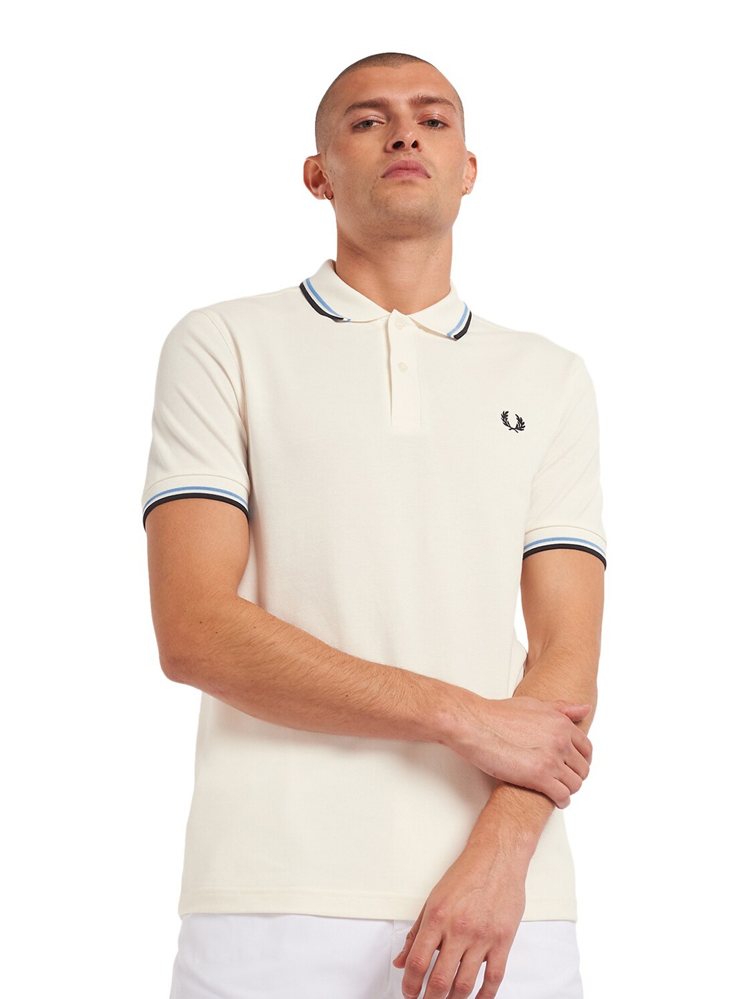 

Fred Perry Men Cream-Coloured Polo Collar Cotton T-shirt