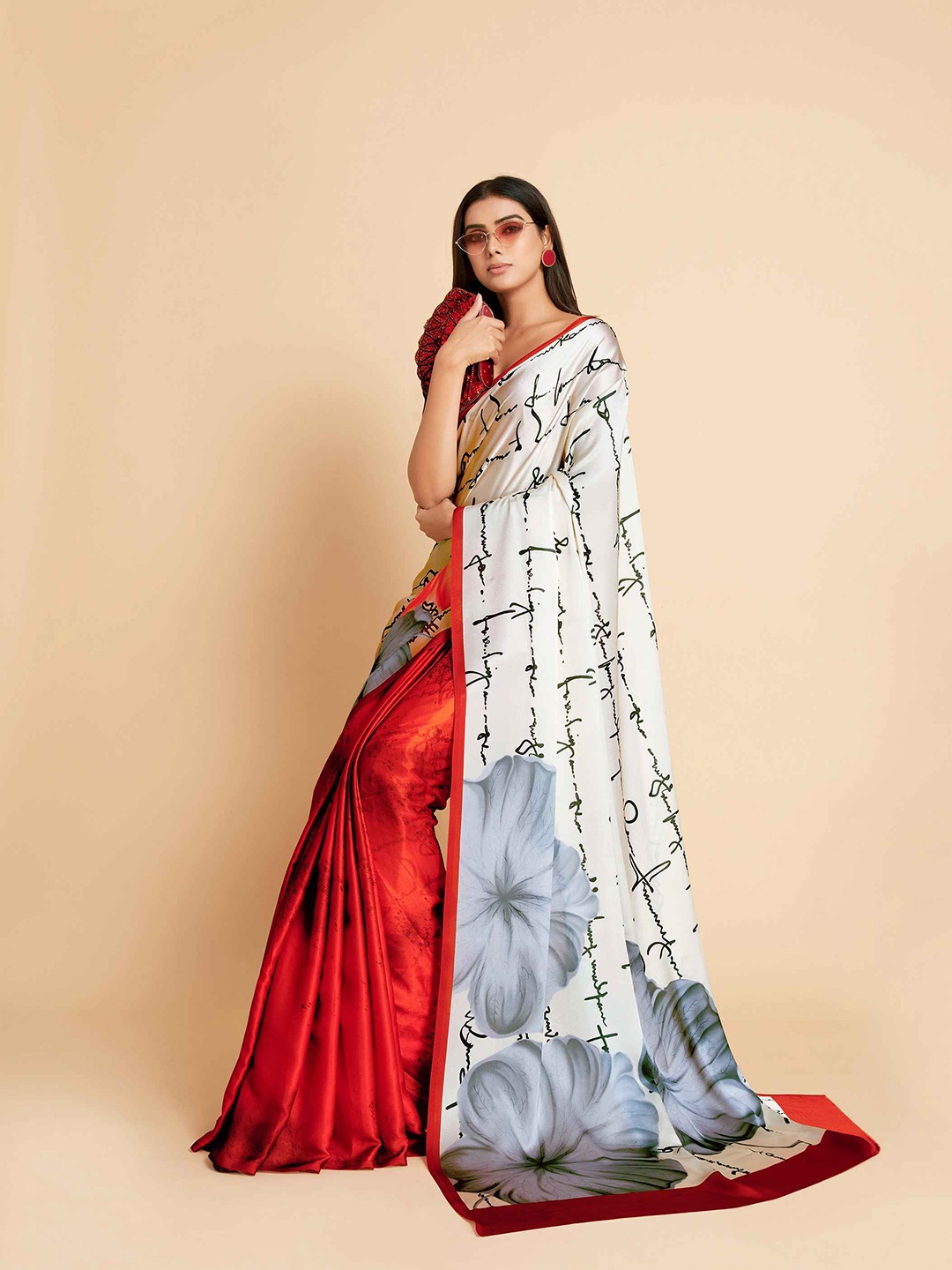 

All About You Red & Grey Floral Satin Saree