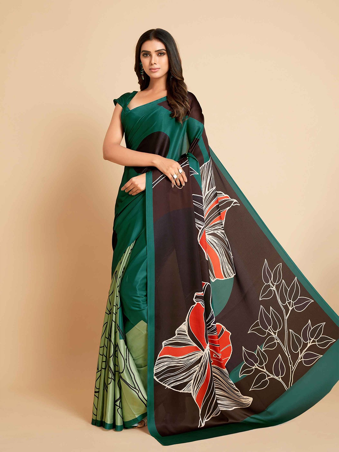 

All About You Green & Red Floral Satin Saree