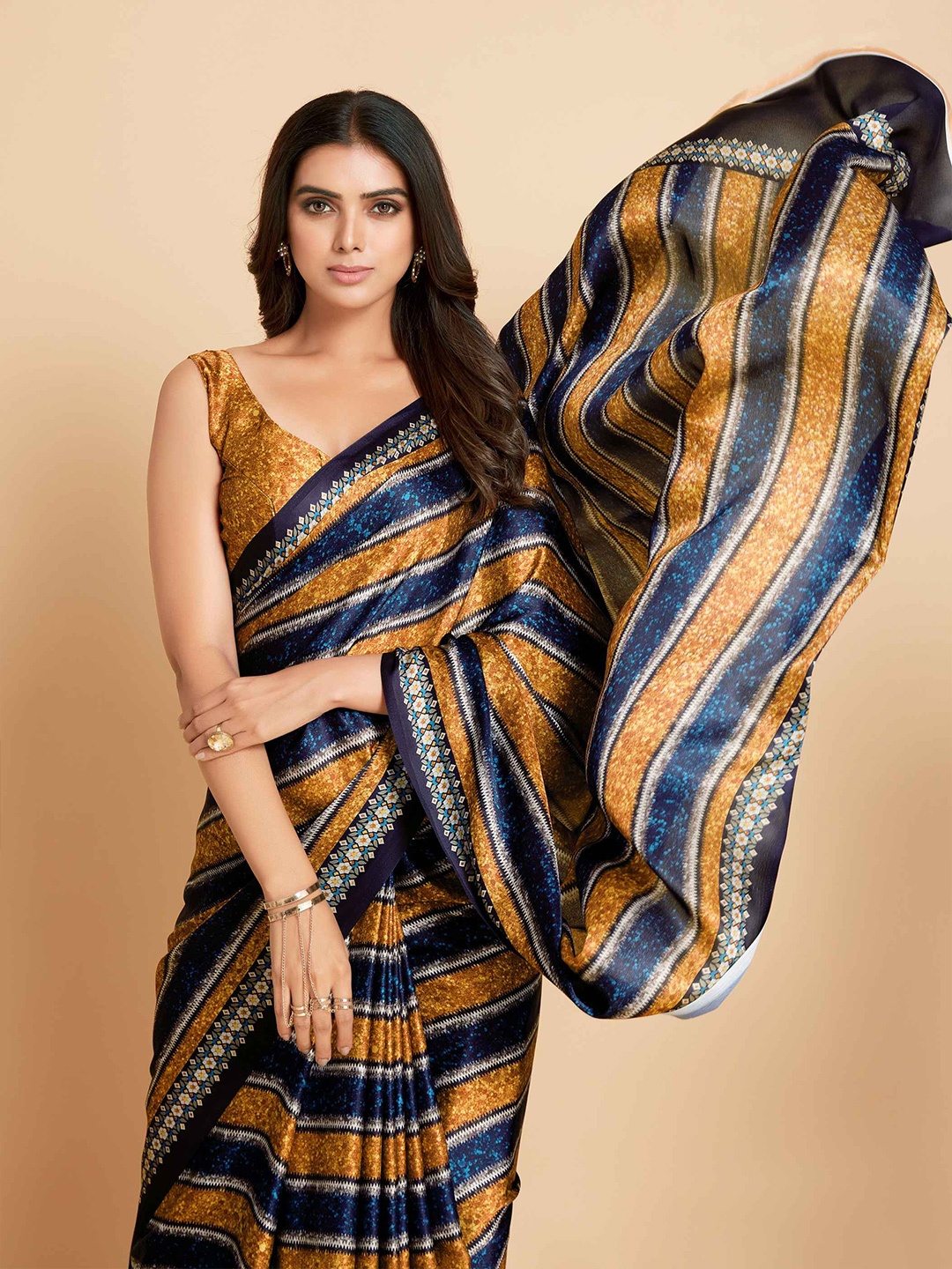 

all about you Gold-Toned & Blue Striped Satin Saree
