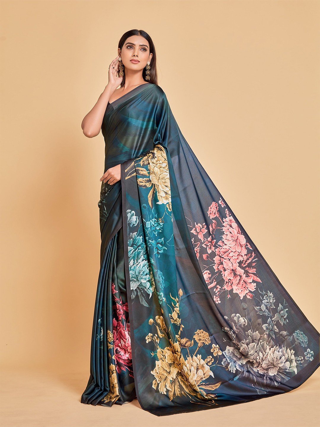 

all about you Women Navy Blue & Pink Floral Satin Saree