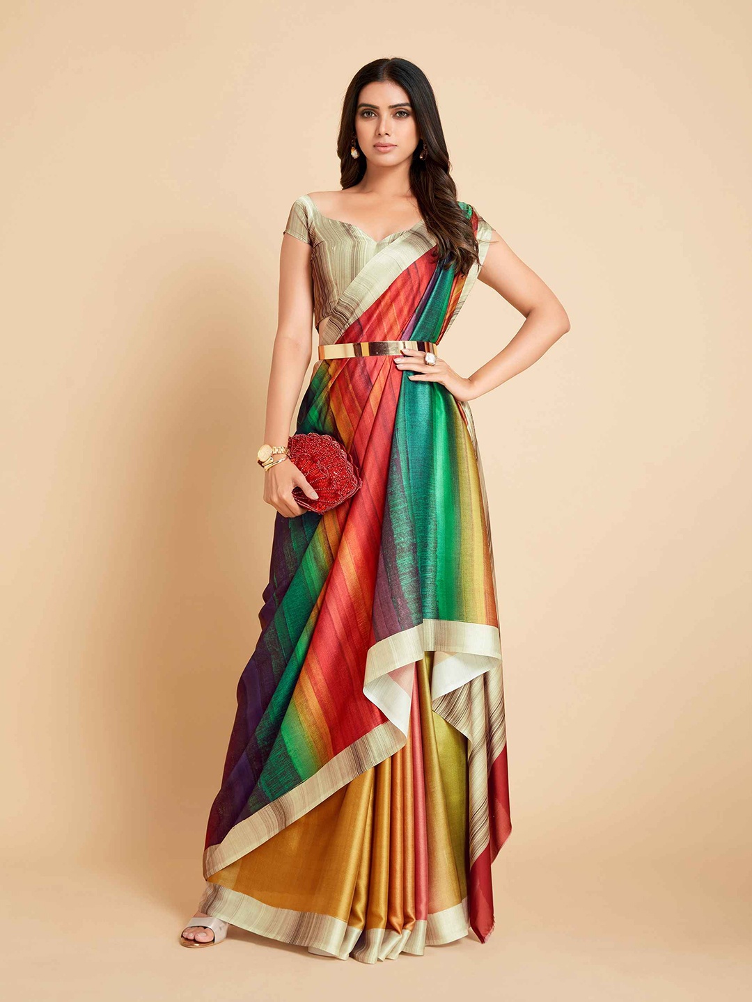 

All About You Beige & Red Colourblocked Satin Saree