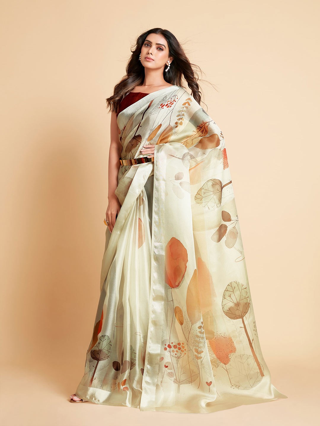 

all about you Off White & Green Floral Organza Saree