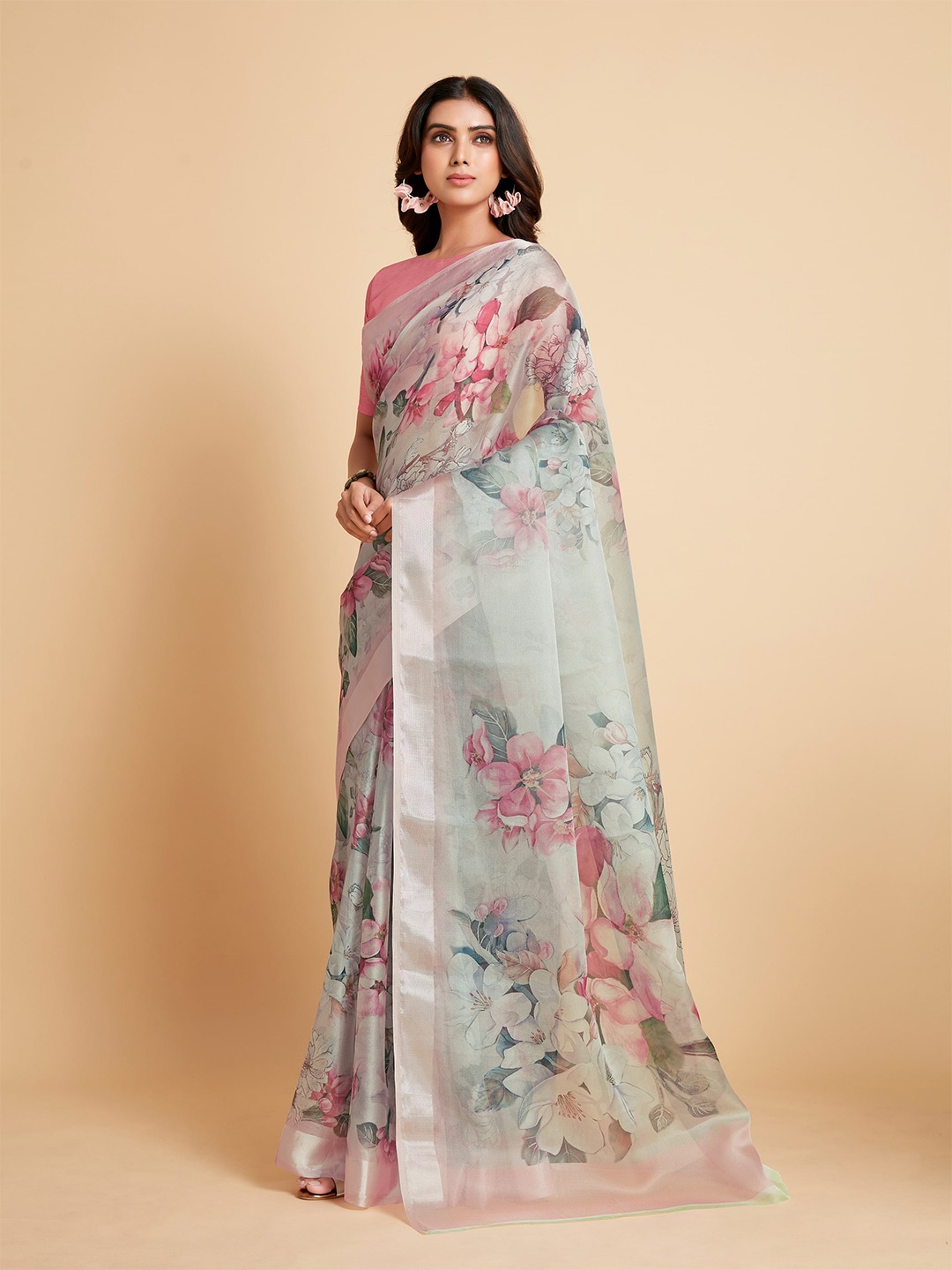 

all about you Grey & Pink Floral Organza Saree