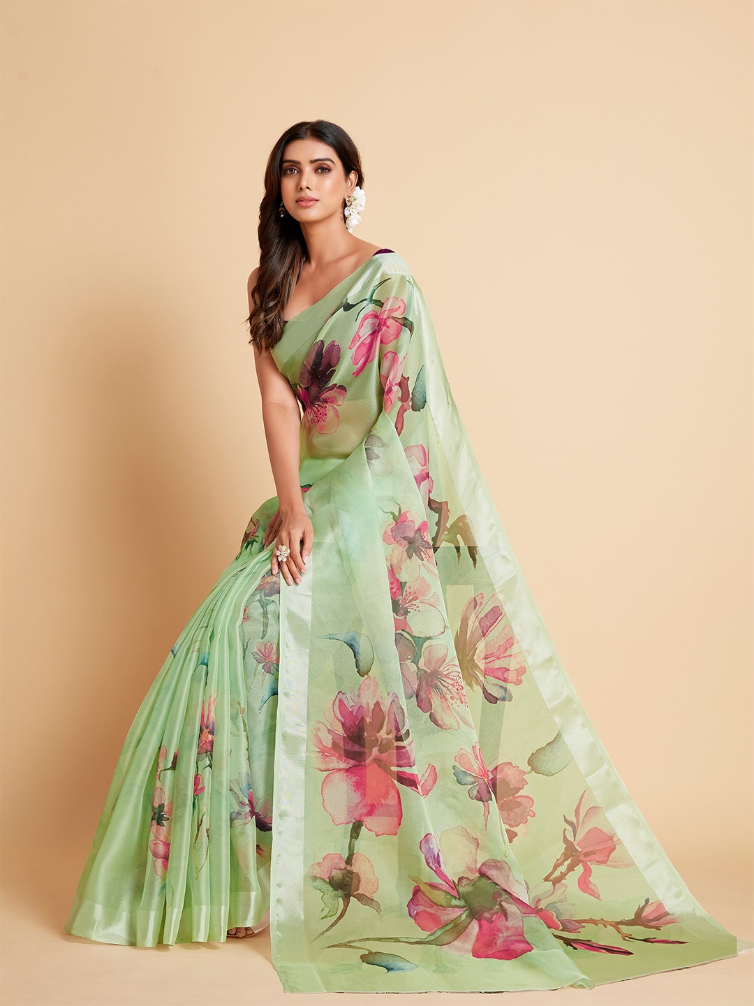 

all about you Sea Green & Pink Floral Organza Saree