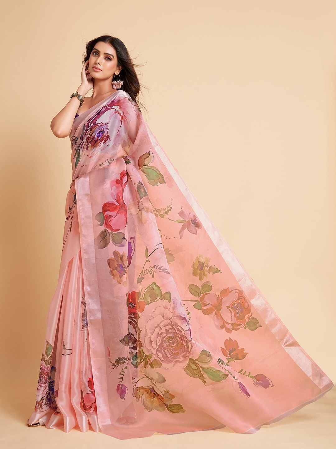 

all about you Peach-Coloured & Green Floral Organza Saree