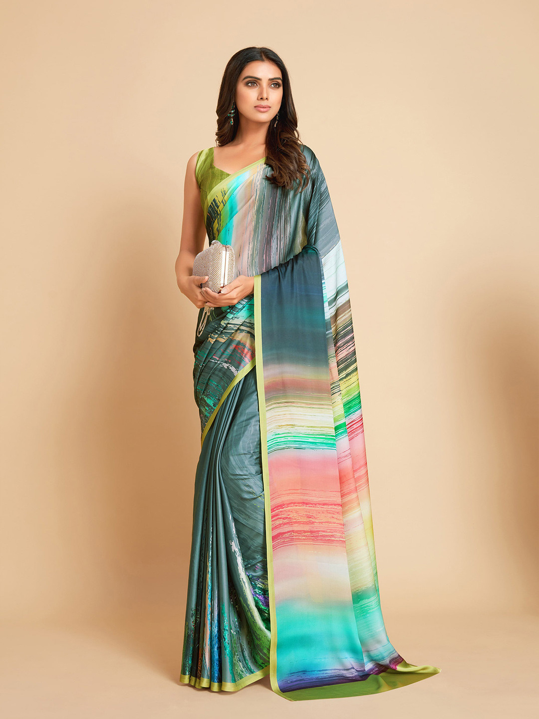 

all about you Grey & Red Tie and Dye Satin Ready to Wear Saree