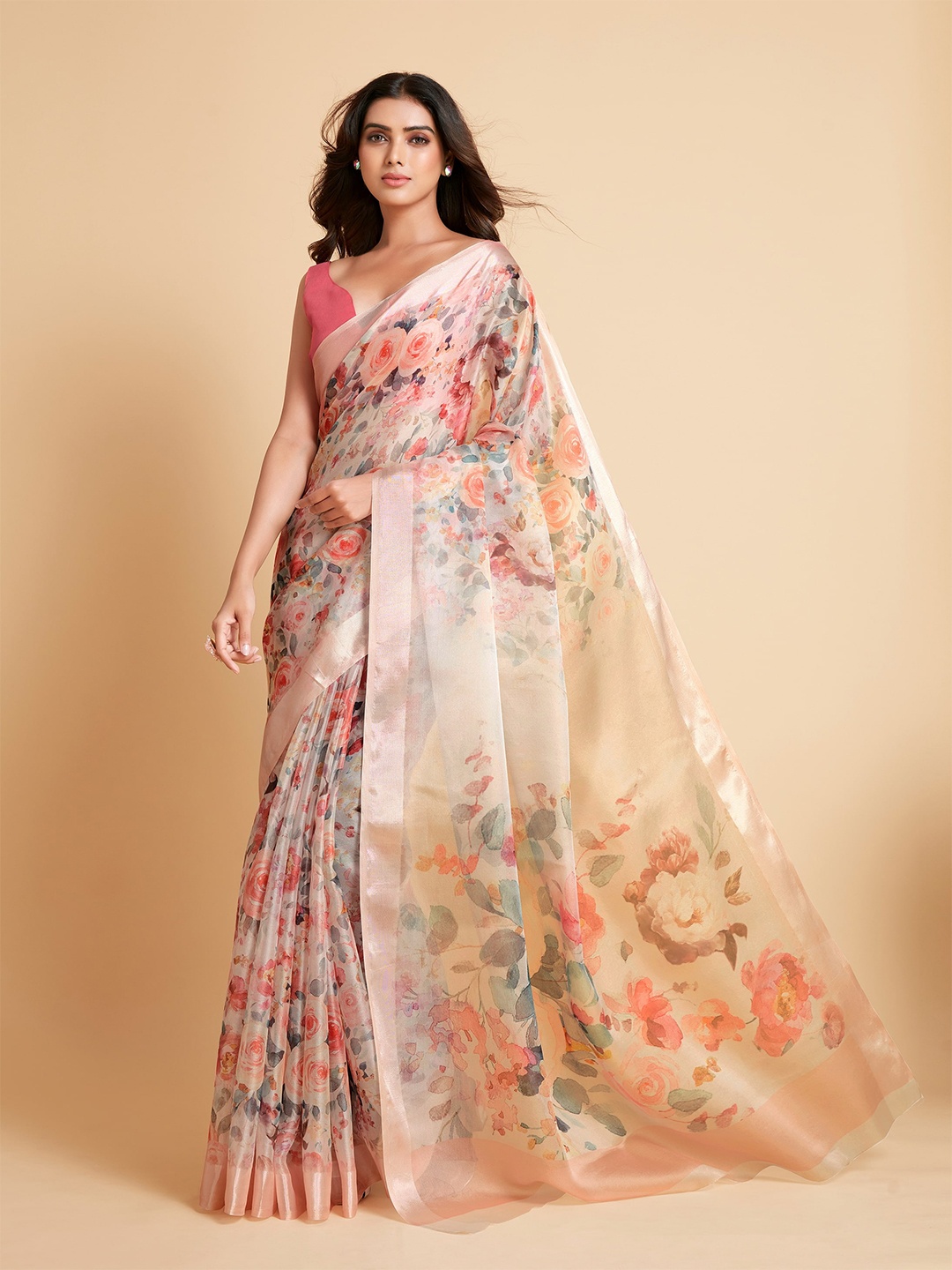 

all about you Women Pink & Grey Floral Organza Saree