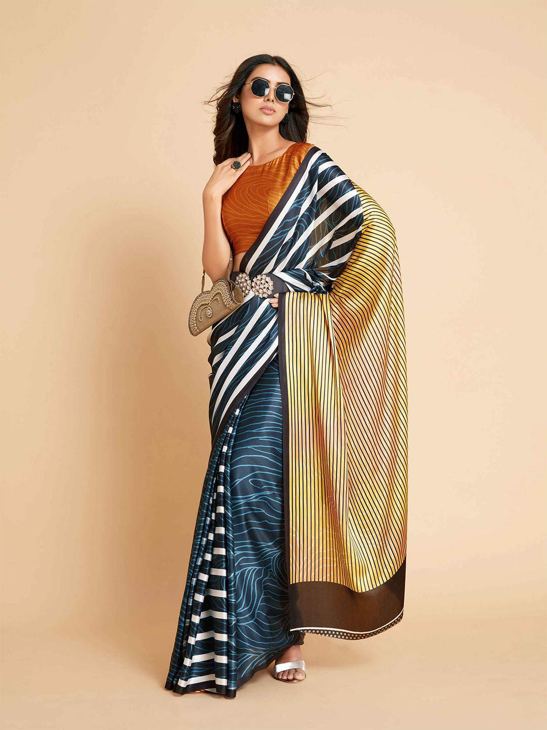 

all about you Black & White Striped Satin Saree