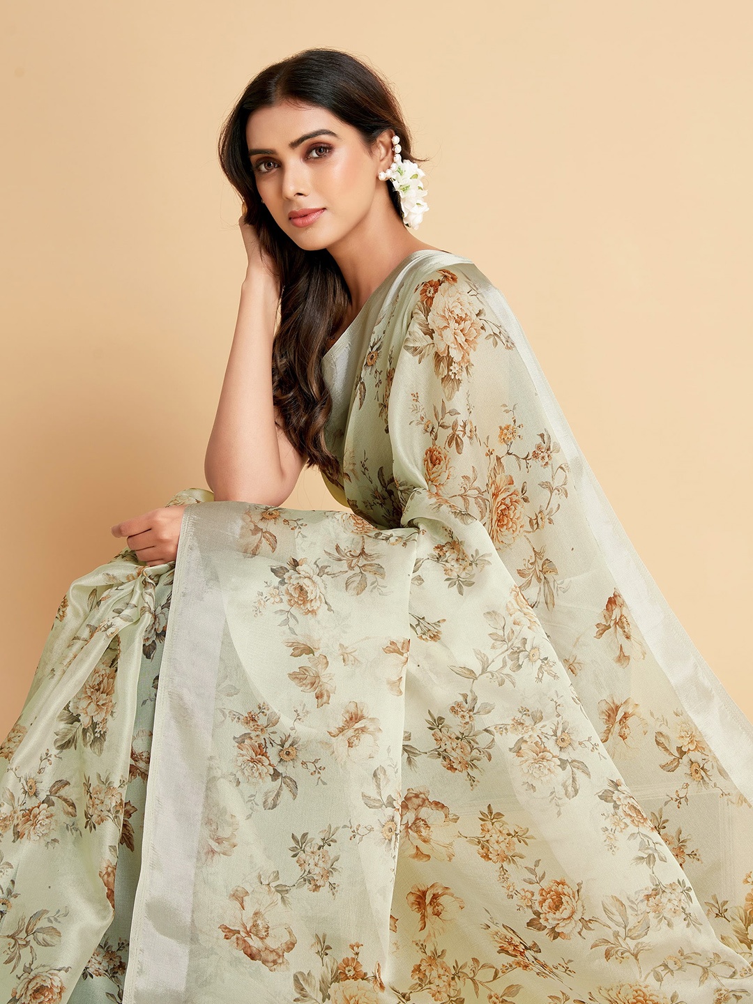 

all about you Cream-Coloured & Brown Floral Organza Saree