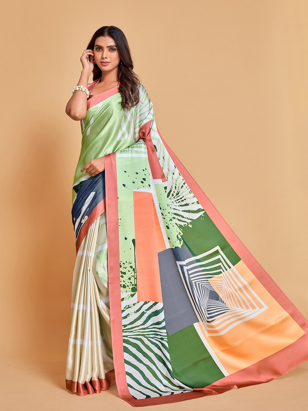 

all about you Women Green & Coral Geometric Print Satin Saree