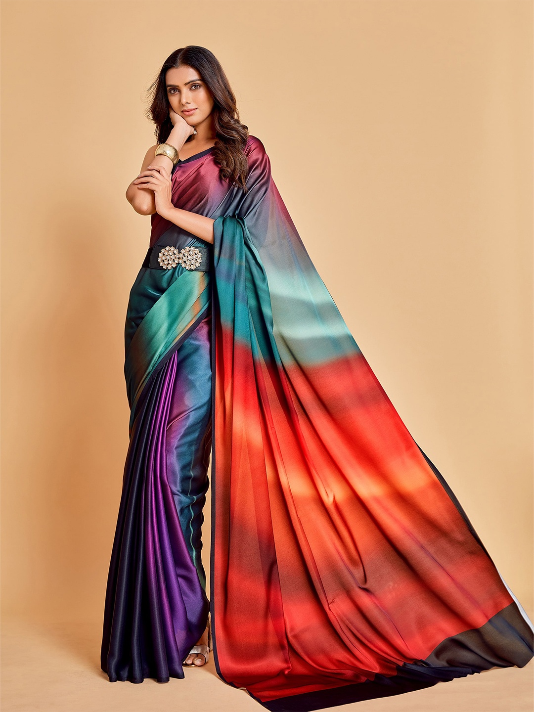 

all about you Women Violet & Red Tie and Dye Satin Saree