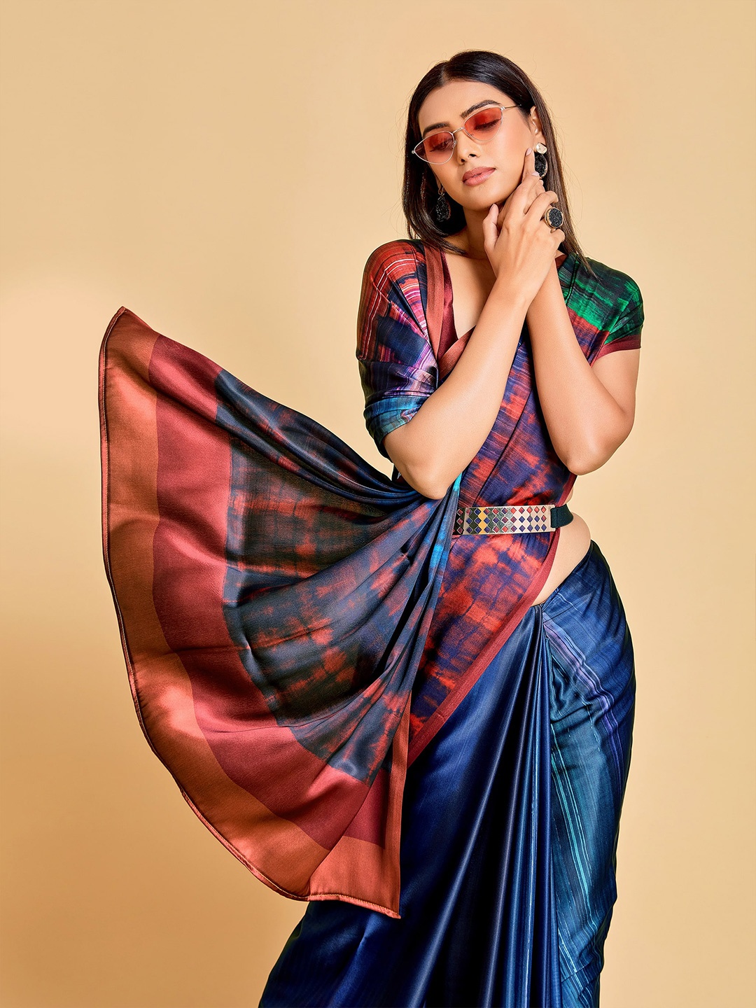 

all about you Women Navy Blue & Brown Satin Saree