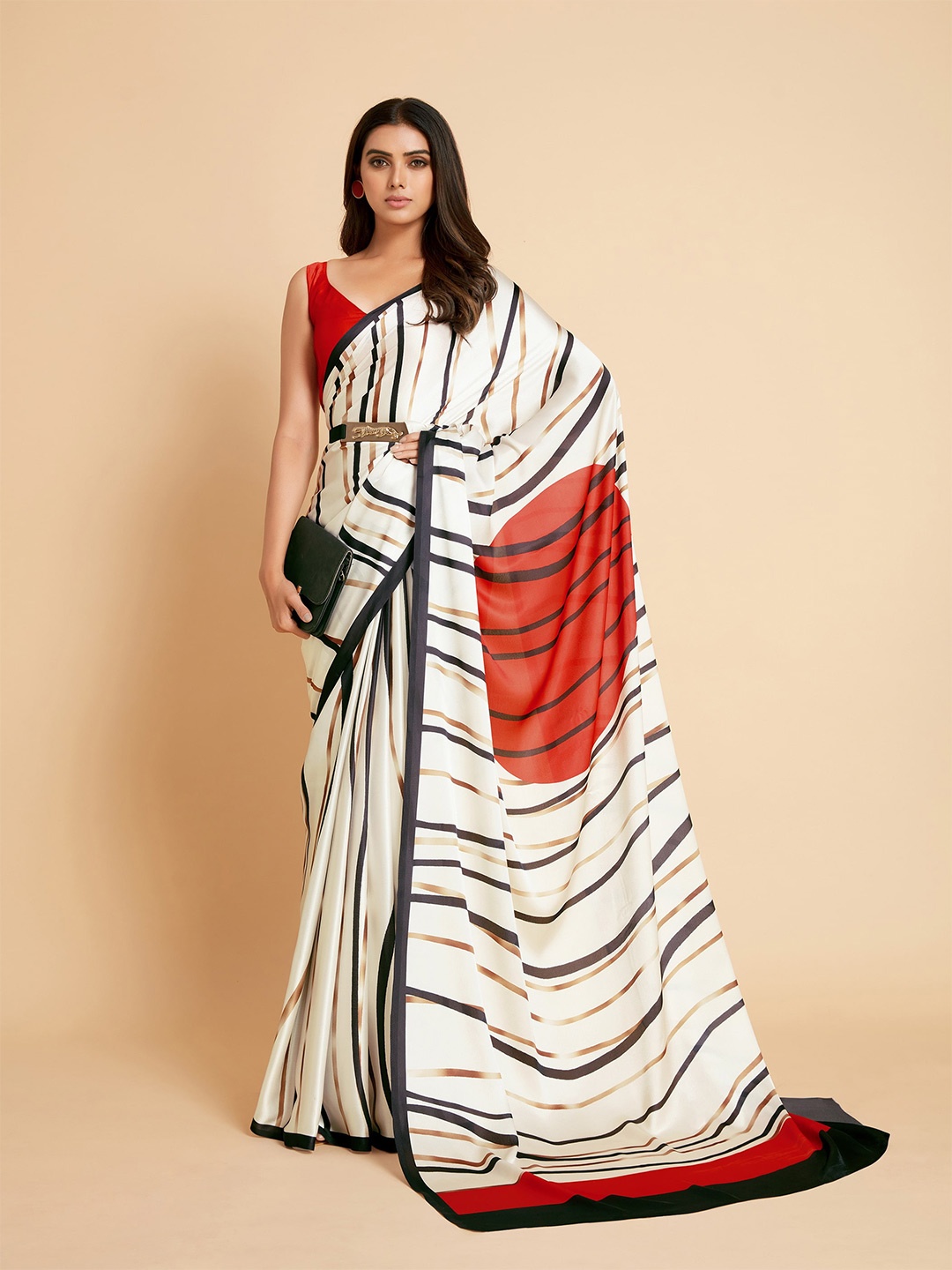 

all about you Women Off White & Black Striped Satin Saree