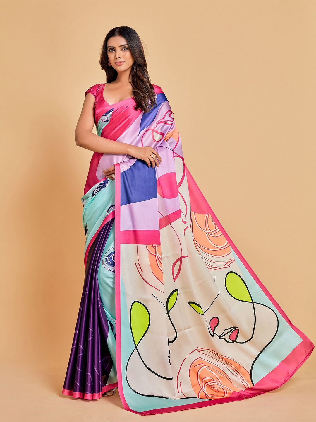 

all about you Pink & Blue Satin Ready to Wear Saree