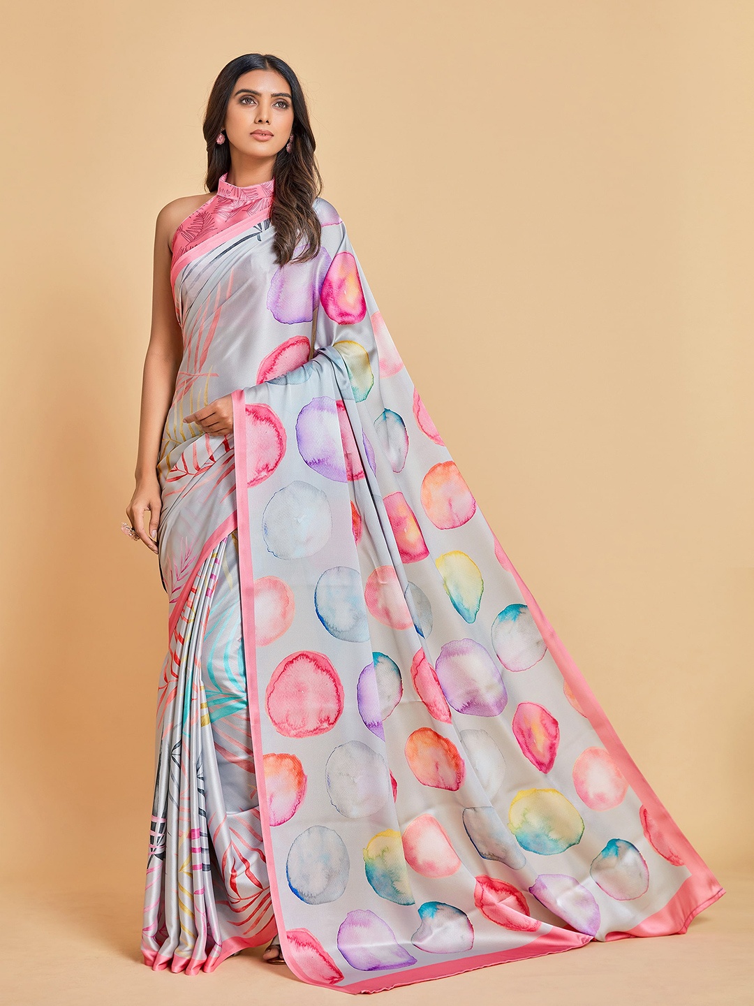 

all about you Grey & Pink Printed Satin Saree