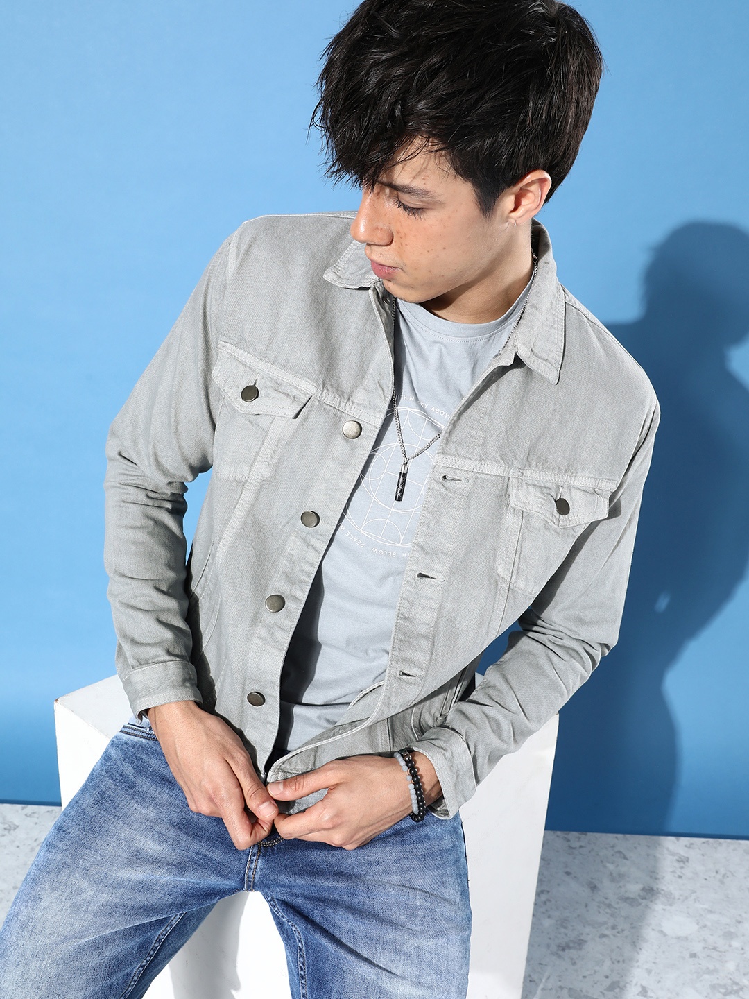 

WROGN Men Grey Solid Pure Cotton Denim Jacket