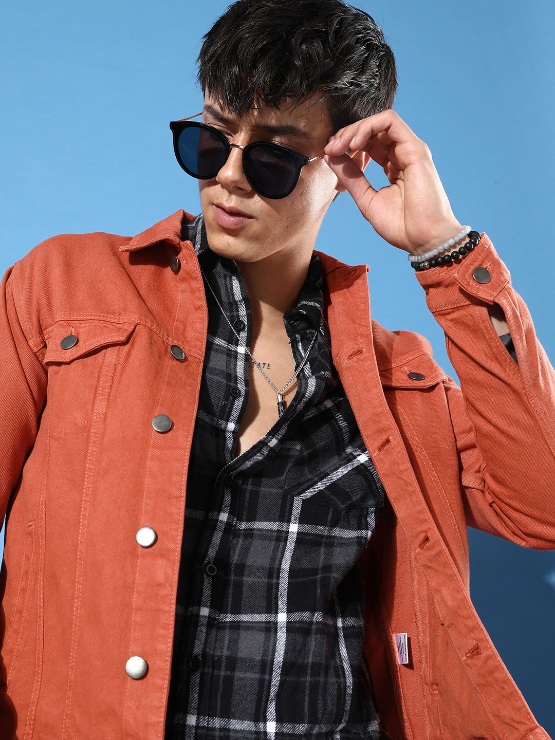 

WROGN Men Rust Orange Solid Pure Cotton Denim Jacket