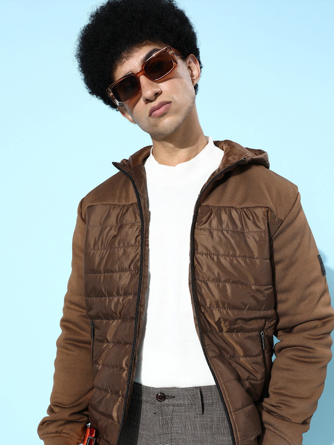 

WROGN Men Brown Solid Hooded Padded Jacket