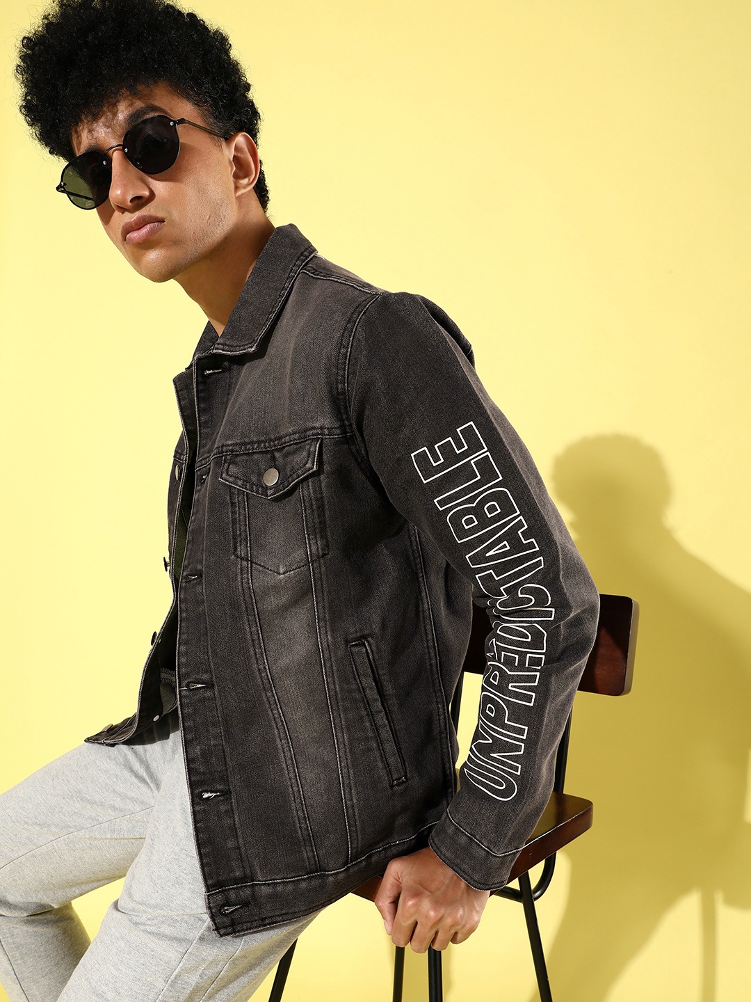 

WROGN Men Dark Grey Solid Denim Jacket with Typography Sleeves