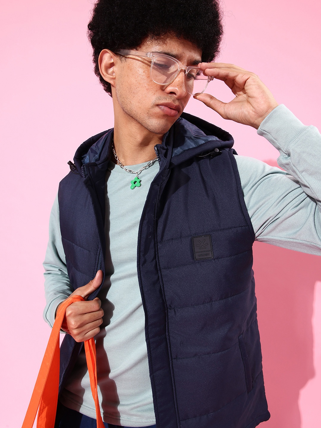 

WROGN Men Navy Blue Solid Sleeveless Hooded Padded Jacket