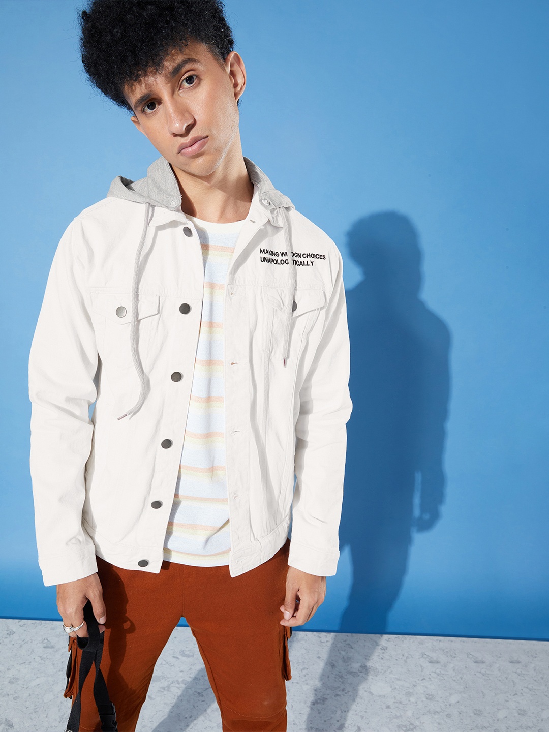 

WROGN Men White Solid Pure Cotton Denim Jacket with Minimal Typography Embroidered Detail