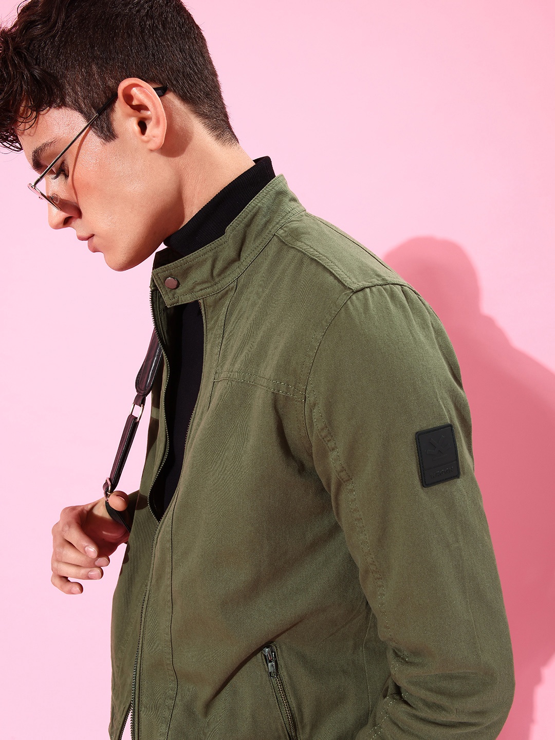 

WROGN Men Olive Green Solid Biker Jacket