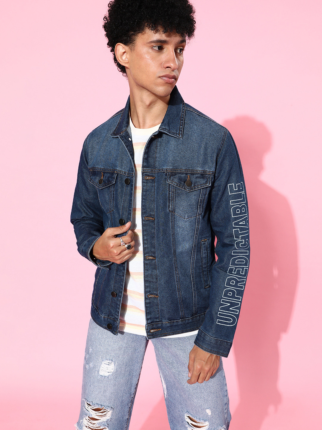 

WROGN Men Blue Solid Denim Jacket With Printed Sleeves