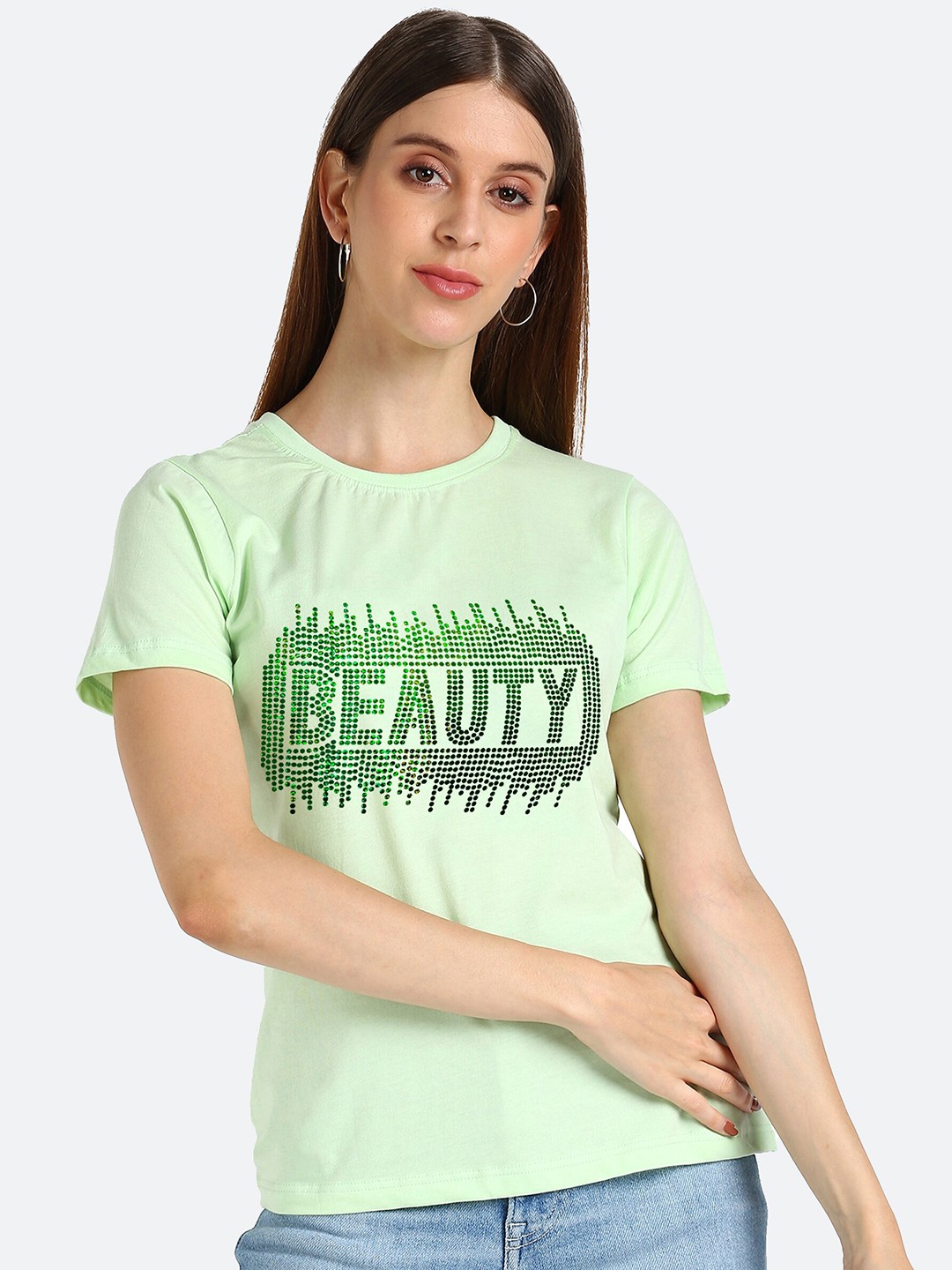 

shashvi Women Sea Green Varsity Printed Extended Sleeves T-shirt