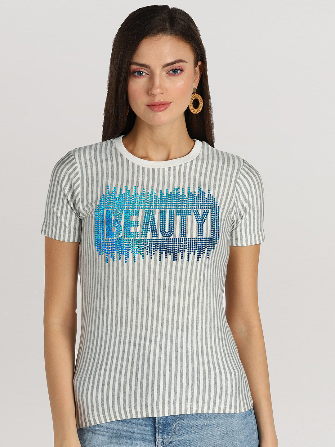 

Shashvi Women Grey & Blue Typography Striped Cotton T-shirt