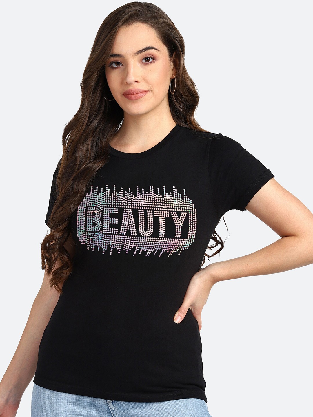 

shashvi Women Black Typography embellished Printed T-shirt