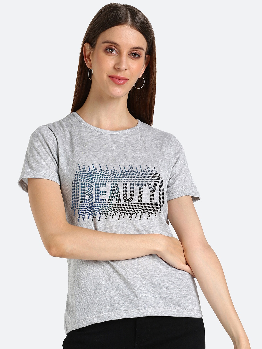 

shashvi Women Grey Melange Cotton Typography Printed T-shirt