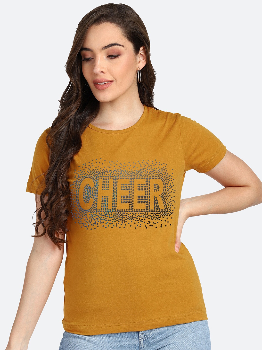 

shashvi Women Mustard Yellow Embellished Round Neck T-shirt