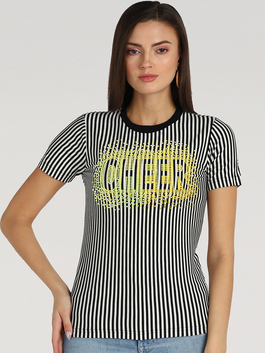 

shashvi Women Black & White Striped T-shirt