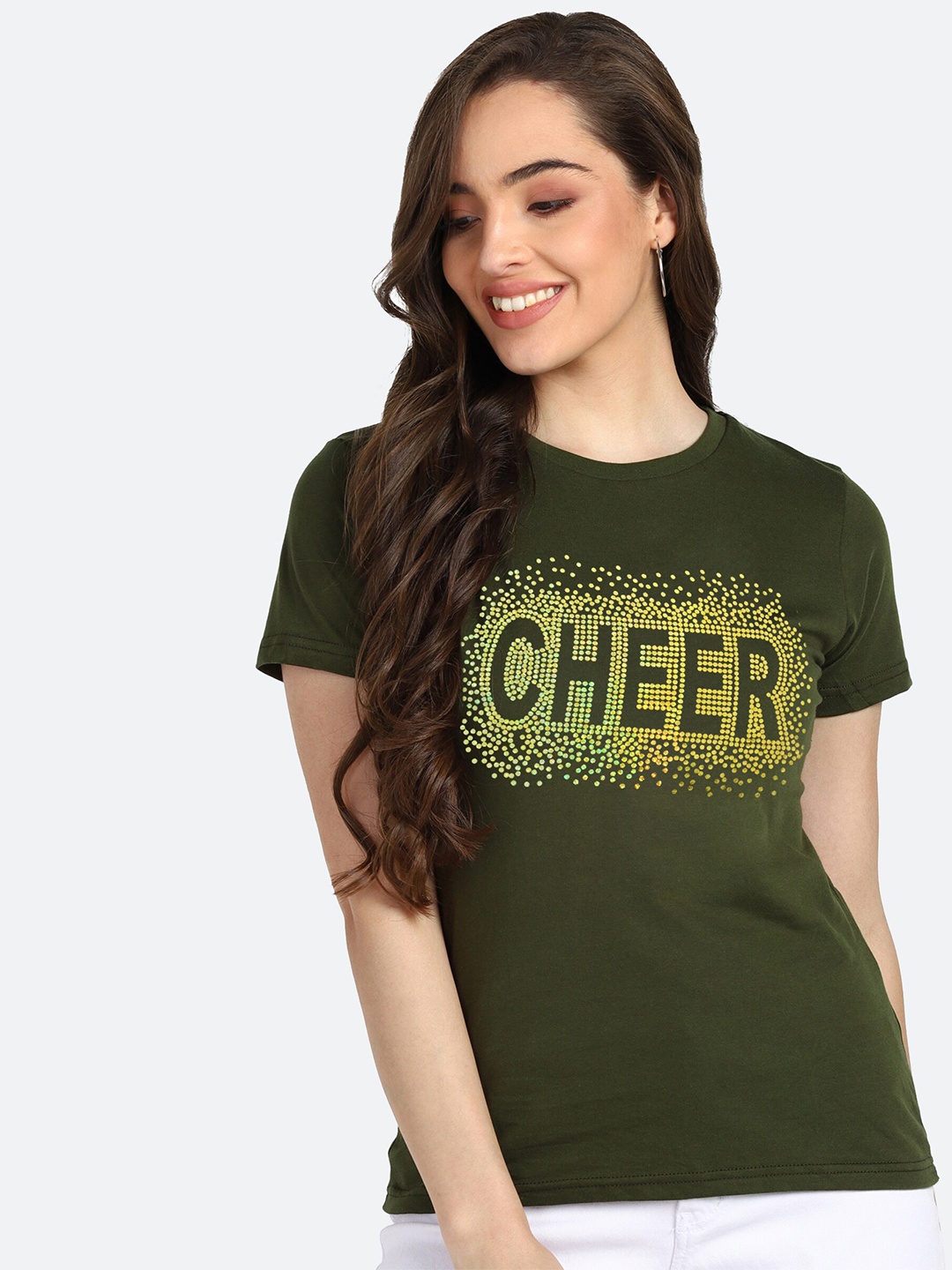 

shashvi Women Khaki Typography Printed Drop-Shoulder Sleeves T-shirt