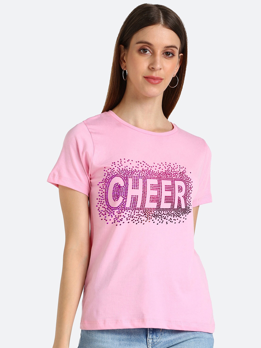 

shashvi Women Rose Embellished Typography Printed Cotton T-shirt