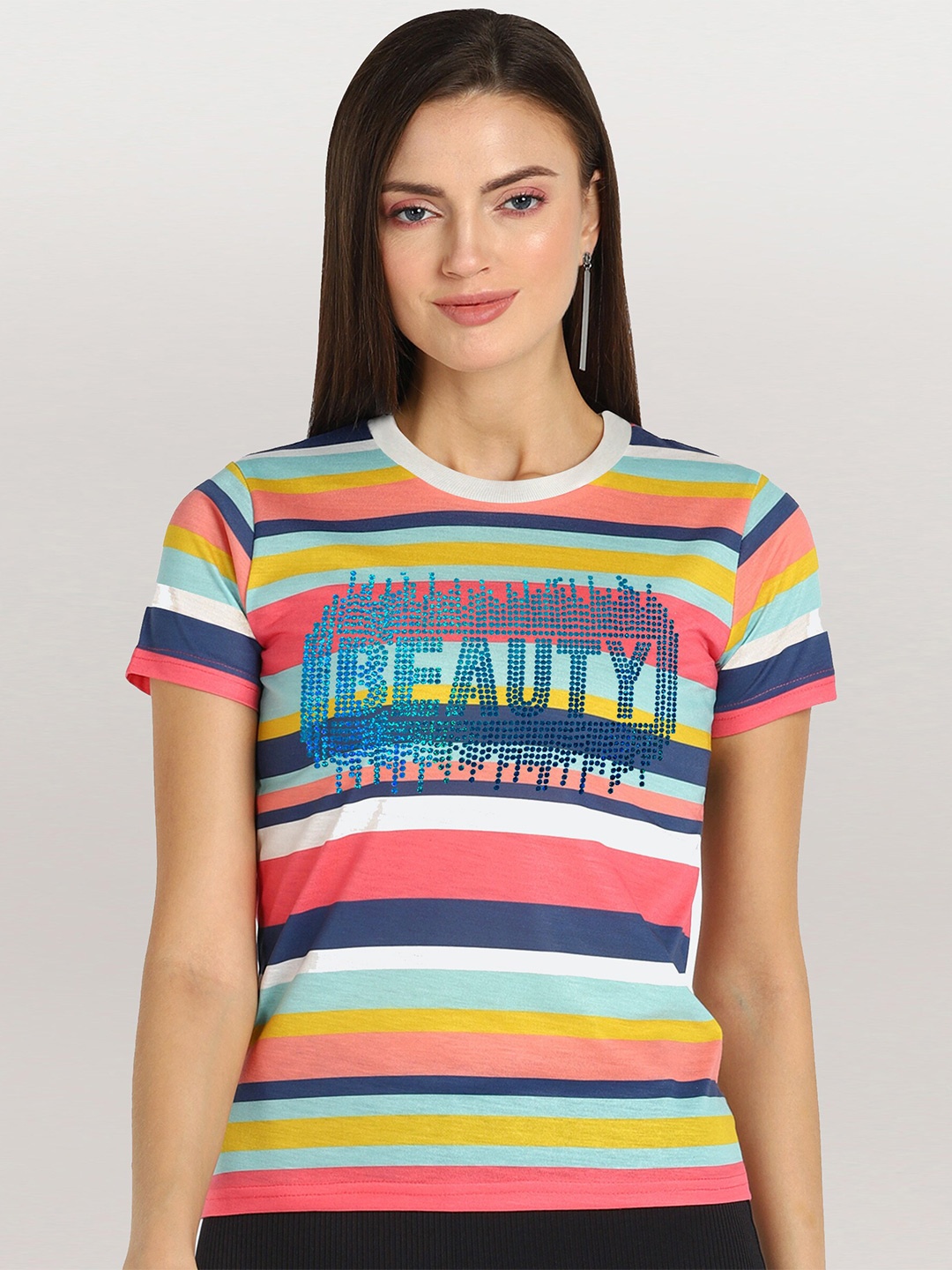 

shashvi Women White Striped T-shirt